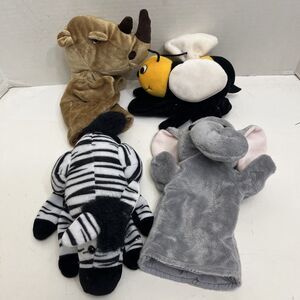 Lot Of 4 Hand Puppets Plush Bee Rhino Elephant Zebra Imagination Play Toys